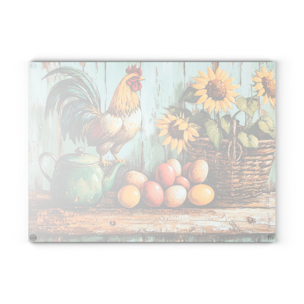 Farmhouse Rooster Glass Cutting Board | Rustic Chicken Kitchen Decor | Sunflower & Egg Tempered Glass Cutting Board | Gumpert Homestead