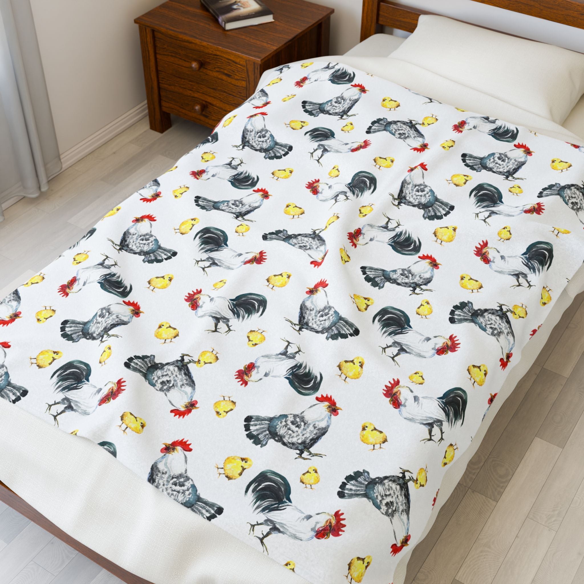 Chicken & Chicks Velveteen Plush Blanket – Farmhouse Rooster Throw, Cozy Country Cottagecore Home Decor