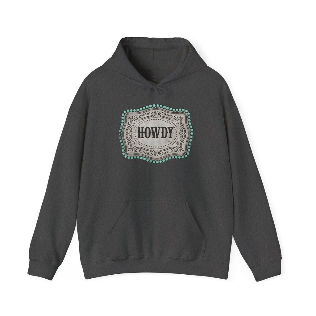 Howdy Turquoise Beaded Rodeo Belt Buckle Hoodie – Unisex Farmhouse Western Sweatshirt | Country Homestead Apparel