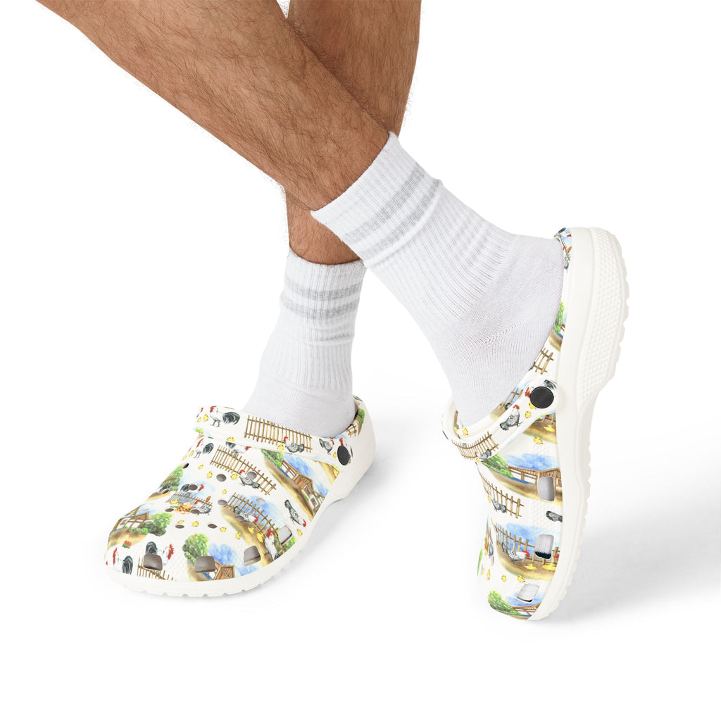 Chicken Farm Family Print EVA Clogs – Farm Life Chicken Shoes, Backyard Chicken Slip-On, Homestead Comfort Clogs