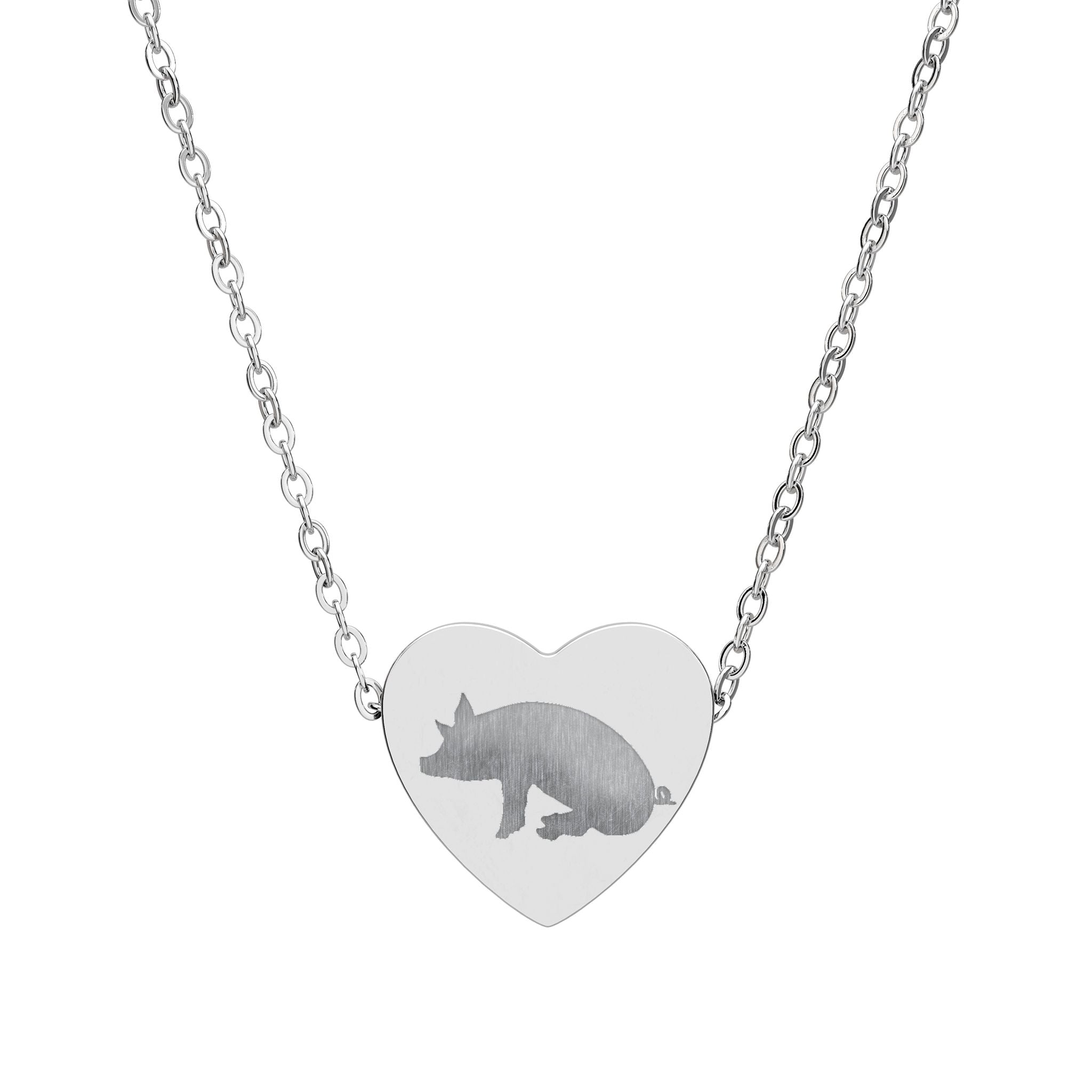 Sitting Pig Heart Necklace – Farm Pig Jewelry, Pig Lover Gift, Homestead Necklace, Mini Pig Pendant, Farm Animal Jewelry, Stainless Steel Engraved Heart Necklace