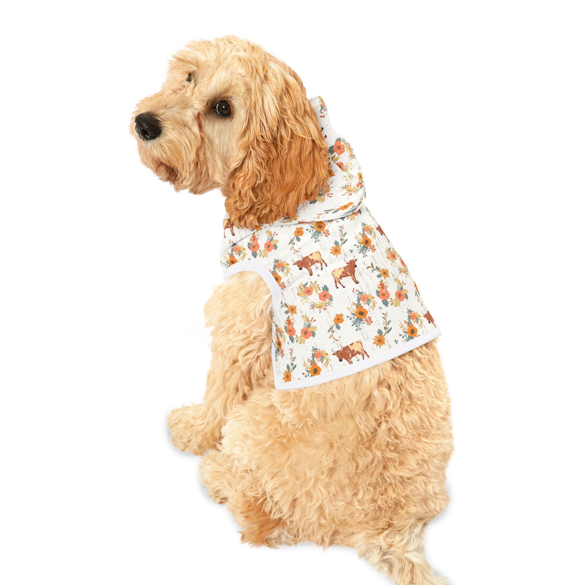 Floral Cow Pet Hoodie | Farmhouse Cattle Dog Hoodie | Cottagecore Farm Animal Pet Sweater | Rustic Cow Print Puppy Hoodie | Country Homestead Pet Apparel | Cozy Farm Life Dog Outfit