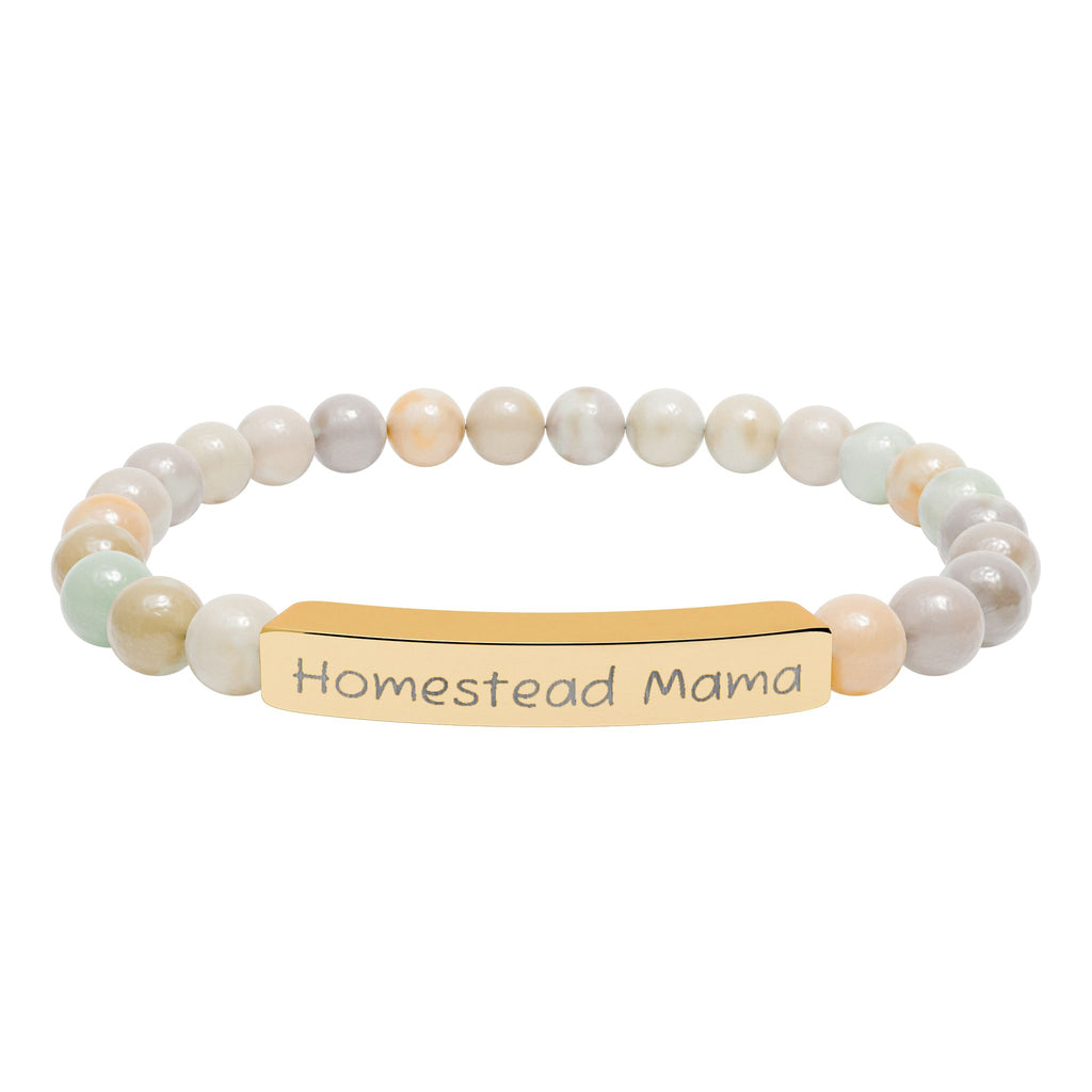 Homestead Mama Natural Stone Stretch Bracelet – Engraved Farmhouse Jewelry, Rustic Homesteader Gift, Farm Mom Bracelet
