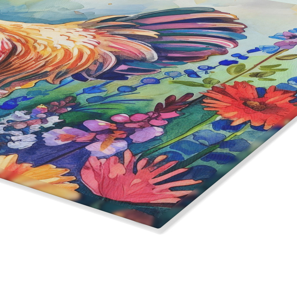 Watercolor Floral Chicken Cutting Board – Farmhouse Glass Kitchen Board for Chicken Lovers
