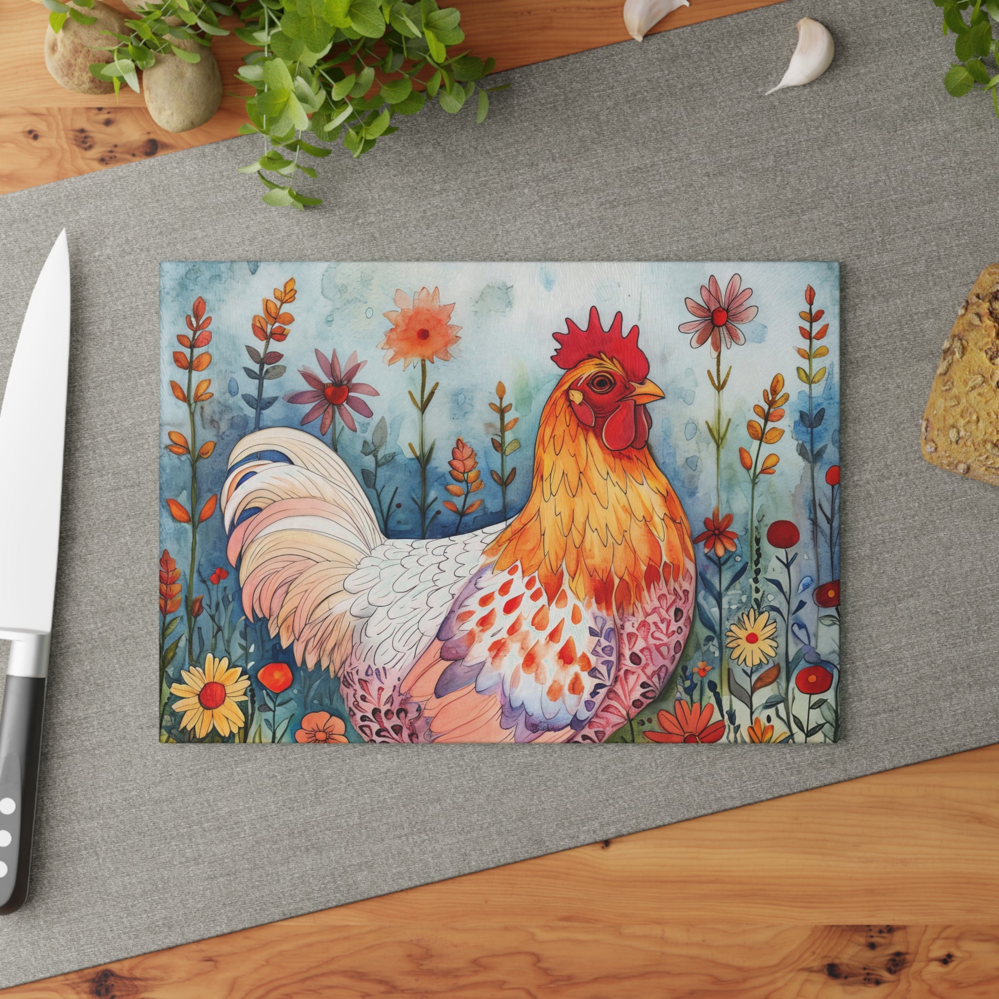 Cottagecore Floral Chicken Glass Cutting Board – Country Kitchen Counter Board