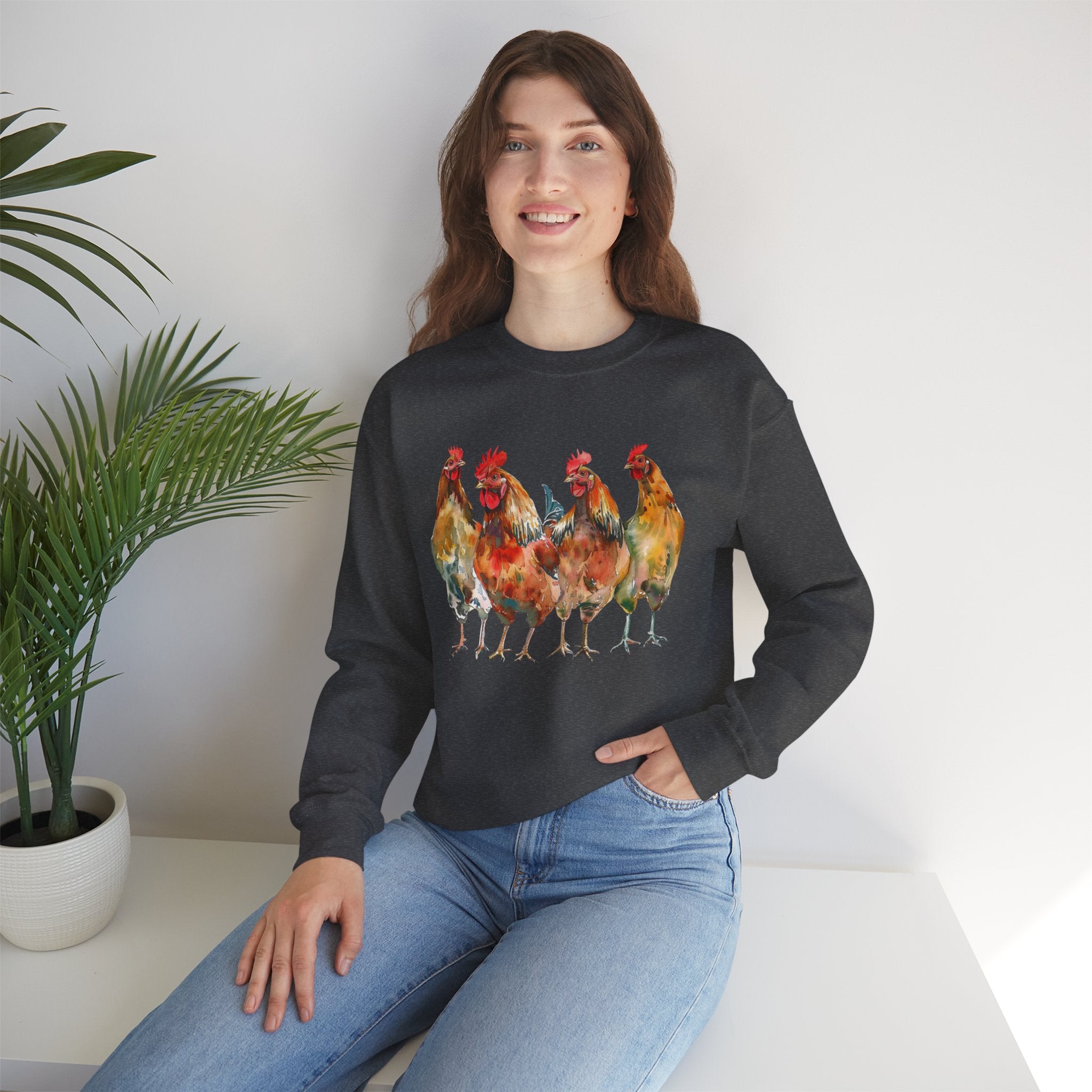Chicken Flock Sweatshirt – Farmhouse Hen Lineup Crewneck, Cozy Homestead Chicken Mom Pullover, Unisex Gildan 18000