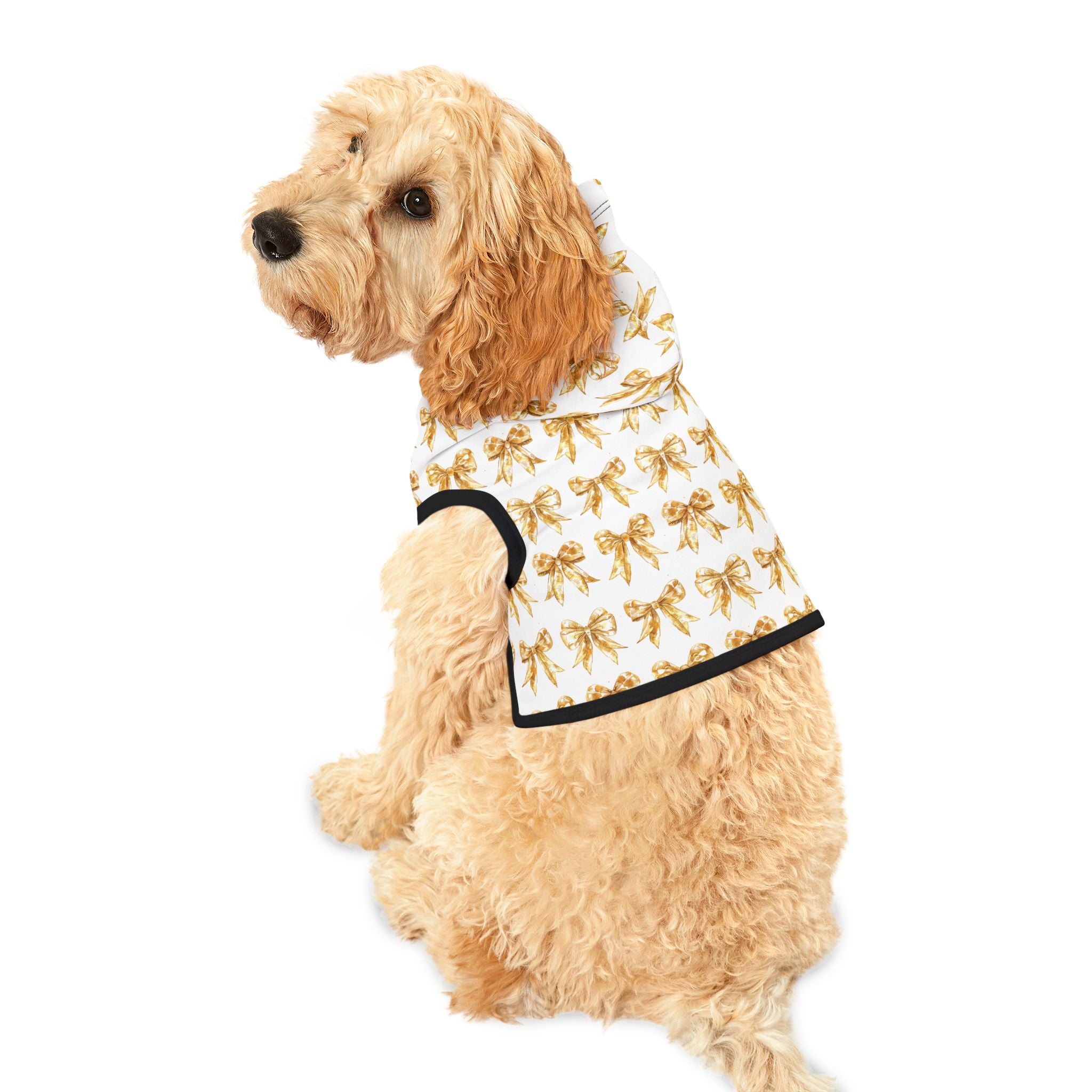 Gold Coquette Bows Cute Pet Hoodie - Adorable Puppy Sweater, Small Dog Outfit, Furry Friend Gift, Pet Apparel, Animal Lover Present