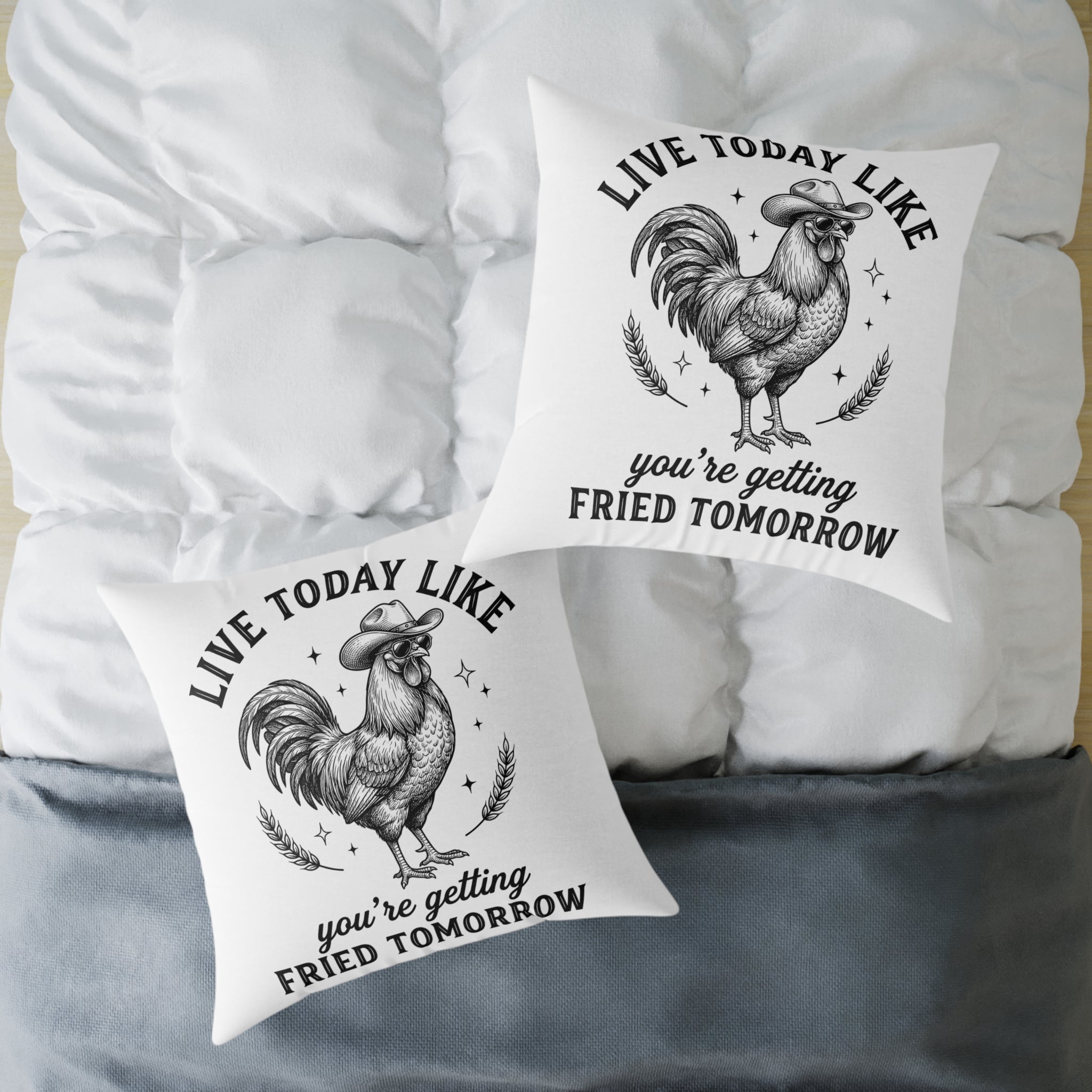 Funny Rooster Throw Pillow – “Live Today Like You’re Getting Fried Tomorrow” Farmhouse Chicken Decor Cushion