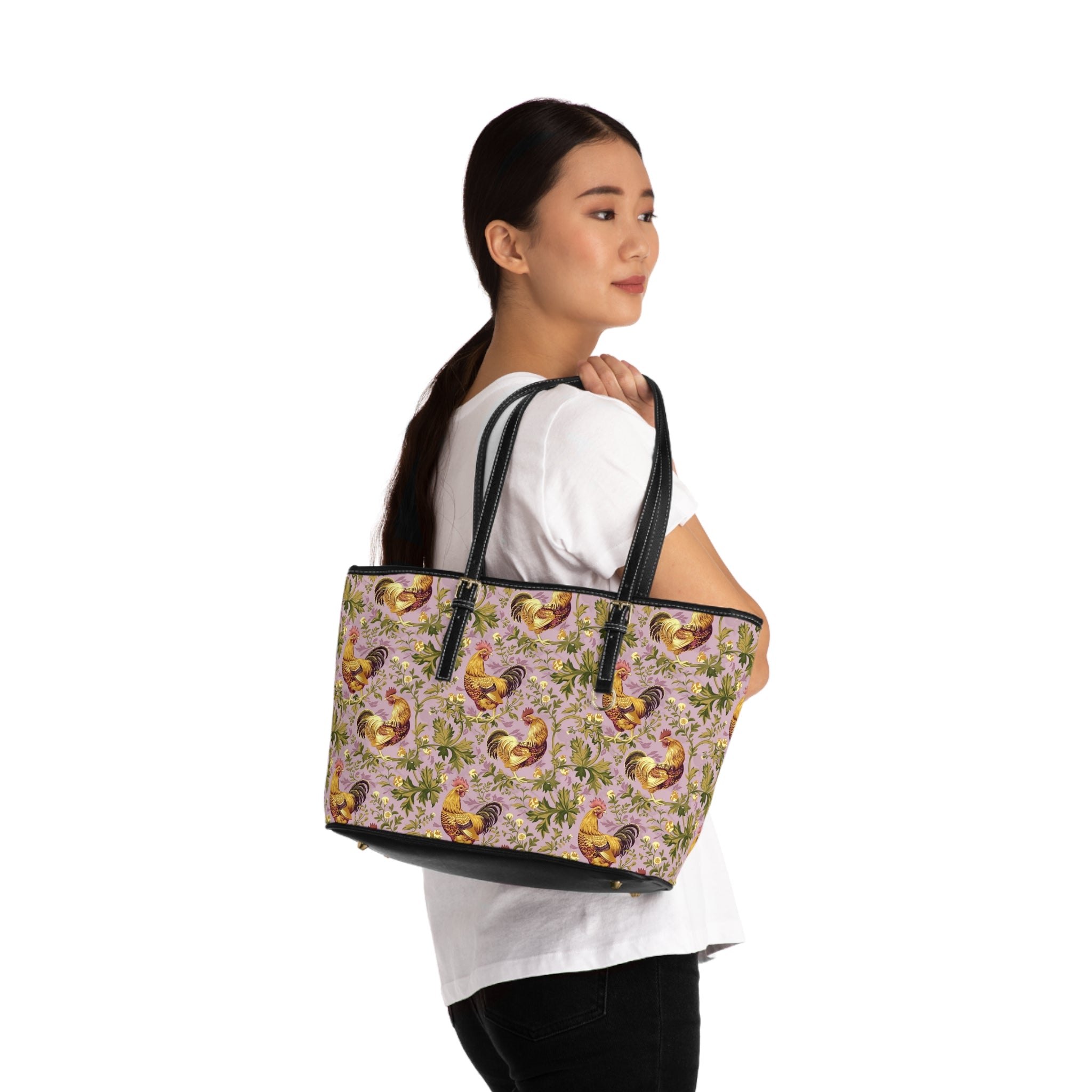 Lavender Botanical Chicken Print Leather Shoulder Bag – Farmhouse Chicken Tote, Cute Hen Pattern Purse, Farm Life Handbag, Backyard Chicken Lover Bag