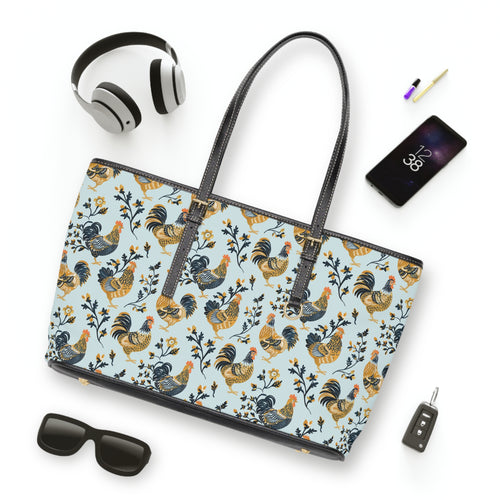 Blue Botanical Chicken Print Leather Shoulder Bag – Farmhouse Chicken Tote, Cute Hen Pattern Purse, Farm Life Handbag, Backyard Chicken Lover Bag