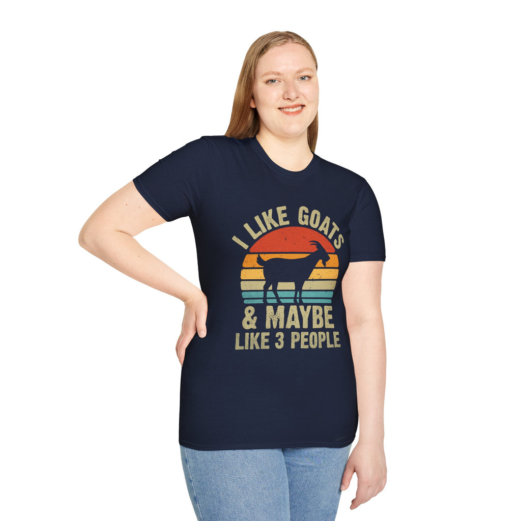 “I Like Goats & Maybe Like 3 People” Vintage Goat Lover Unisex Softstyle T-Shirt | Funny Farm Life Tee