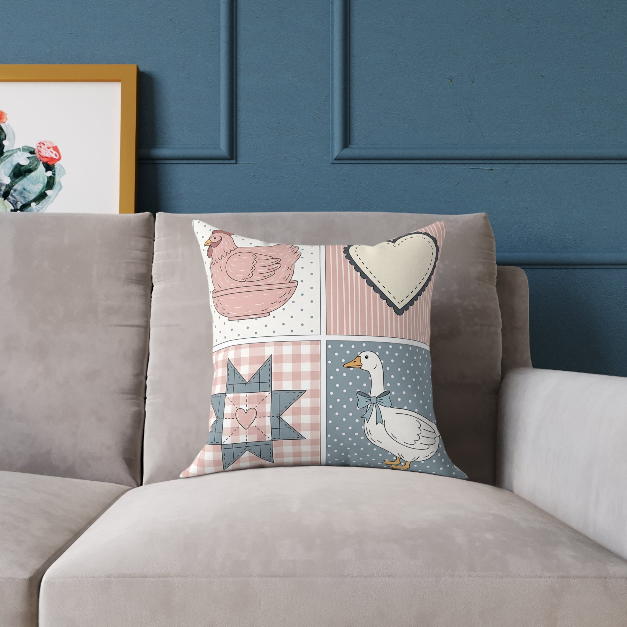 Cottagecore Farm Animal Patchwork Throw Pillow – Chicken & Goose Farmhouse Decor Cushion, Quilted Country Home Accent Pillow