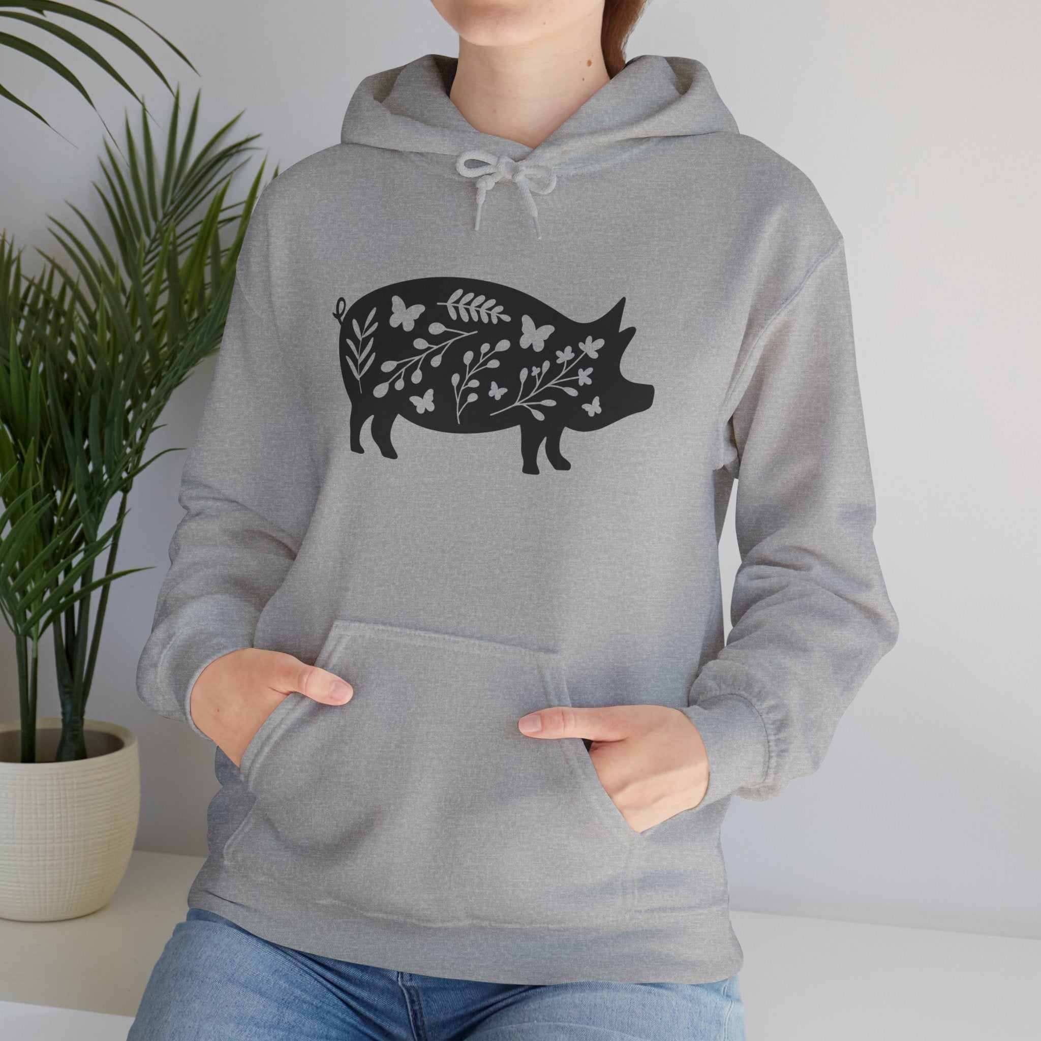 Floral Pig Silhouette Hoodie – Farm Life Sweatshirt, Pig Lover Pullover, Homestead Hoodie, Mini Pig Apparel, Farm Animal Hoodie, Country Living Unisex Hoodie