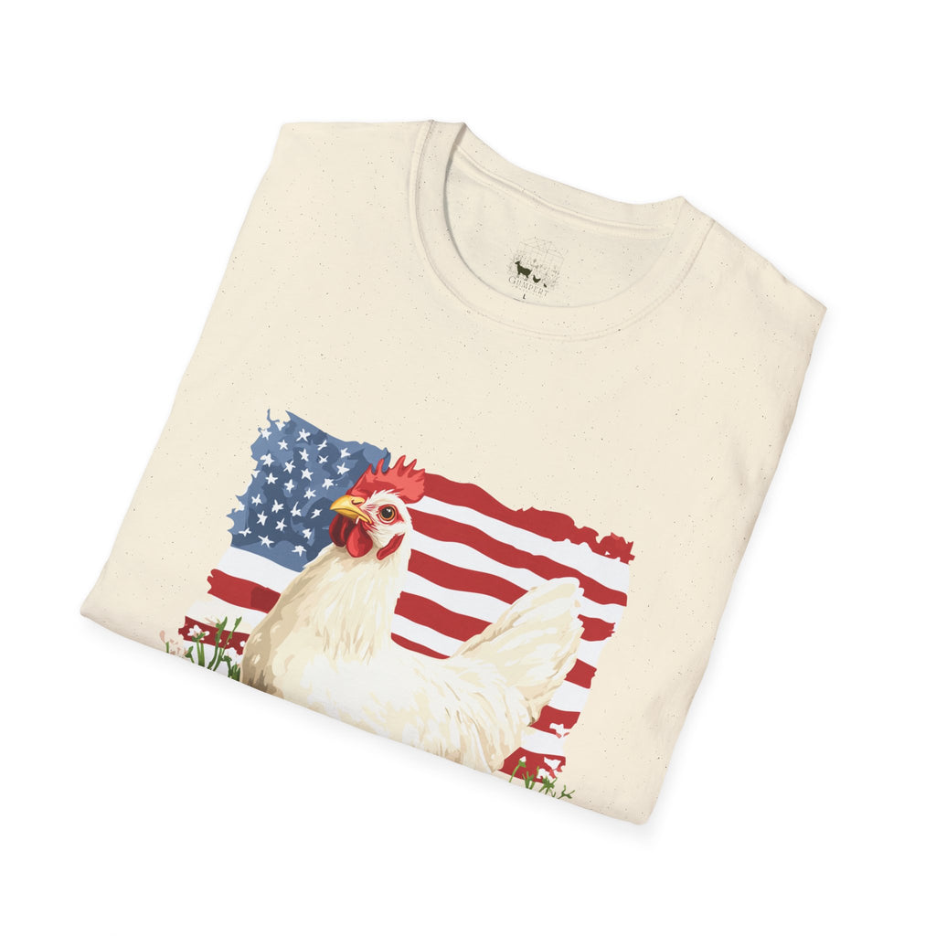 Patriotic Chicken T-Shirt – American Flag Hen Shirt, Farm Life Tee, 4th of July Chicken Shirt, Backyard Chicken Keeper Gift, Homestead Farm Apparel