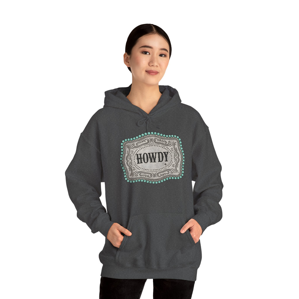 Howdy Turquoise Beaded Rodeo Belt Buckle Hoodie – Unisex Farmhouse Western Sweatshirt | Country Homestead Apparel