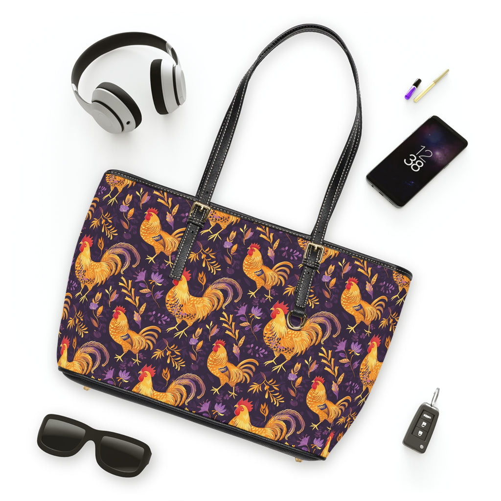 Purple & Gold Chicken Print Leather Shoulder Bag – Farmhouse Chicken Tote, Cute Hen Pattern Purse, Farm Life Handbag, Backyard Chicken Lover Bag
