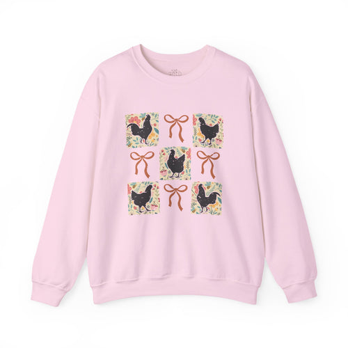 Cottagecore Chicken Quilt Sweatshirt – Farmhouse Patchwork Chicken Crewneck, Cozy Country Homestead Pullover