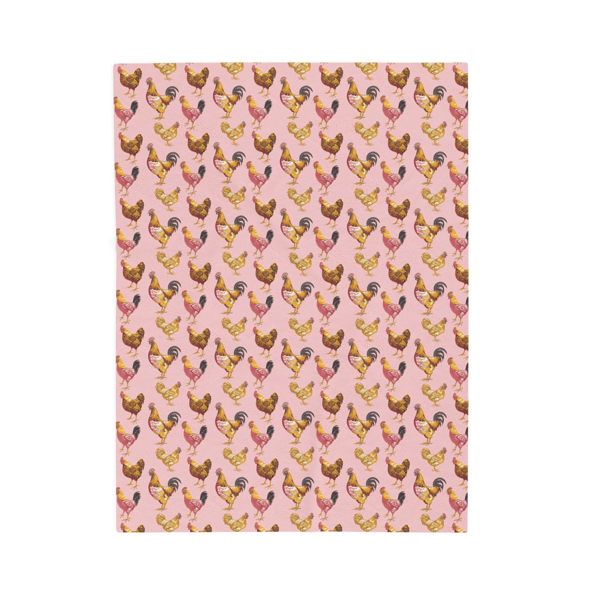 Pink Roosters Velveteen Plush Blanket Vintage Chicken Farmhouse Throw, Cozy Cottagecore Country Home Decor