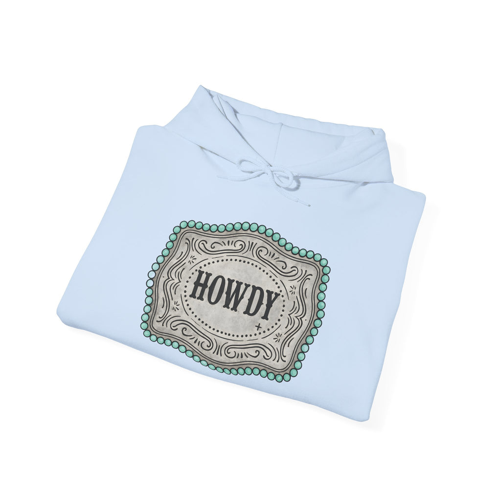 Howdy Turquoise Beaded Rodeo Belt Buckle Hoodie – Unisex Farmhouse Western Sweatshirt | Country Homestead Apparel