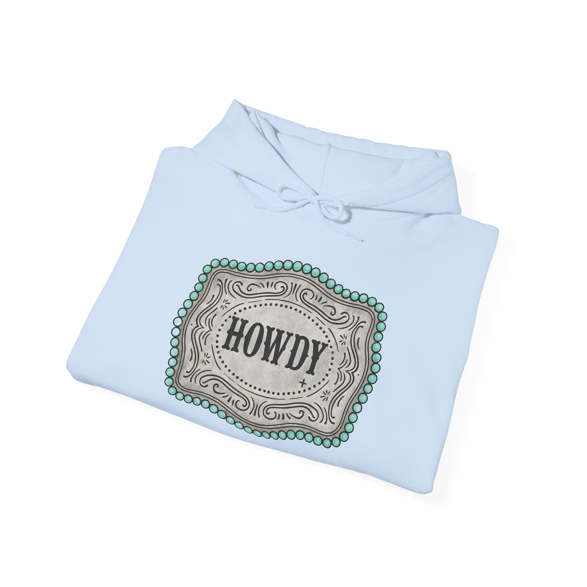 Howdy Turquoise Beaded Rodeo Belt Buckle Hoodie – Unisex Farmhouse Western Sweatshirt | Country Homestead Apparel