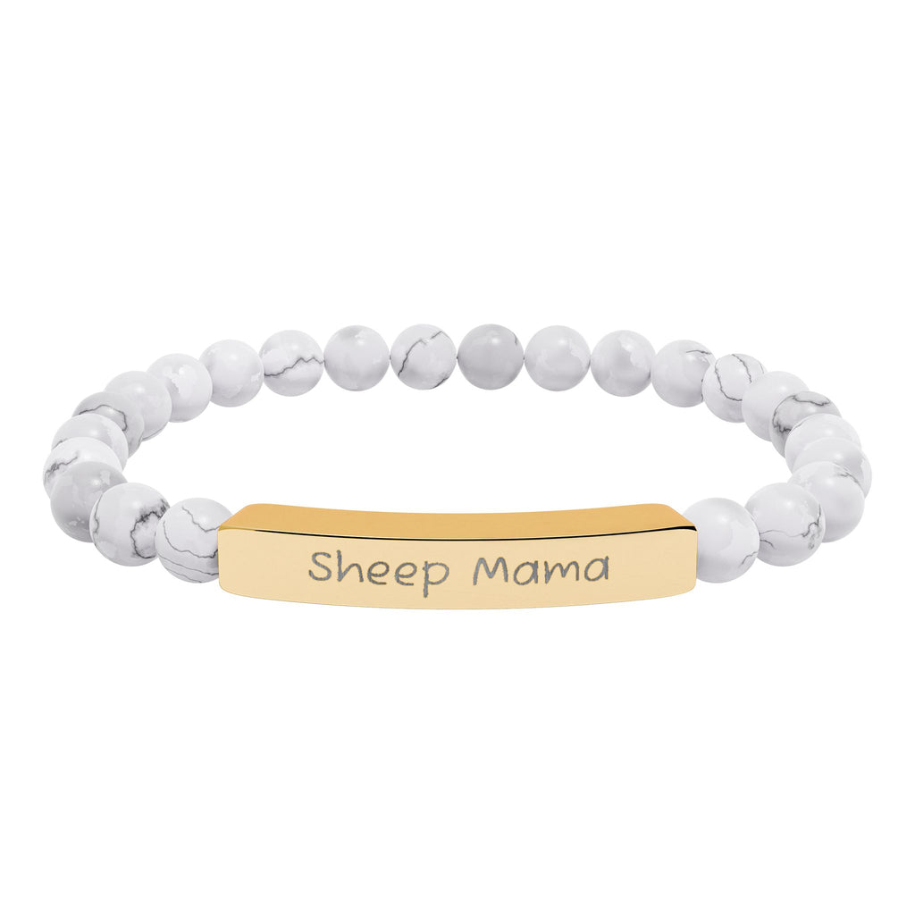 Sheep Mama Natural Stone Stretch Bracelet – Engraved Sheep Lover Jewelry, Farm Mom Gift, Rustic Homestead Bracelet