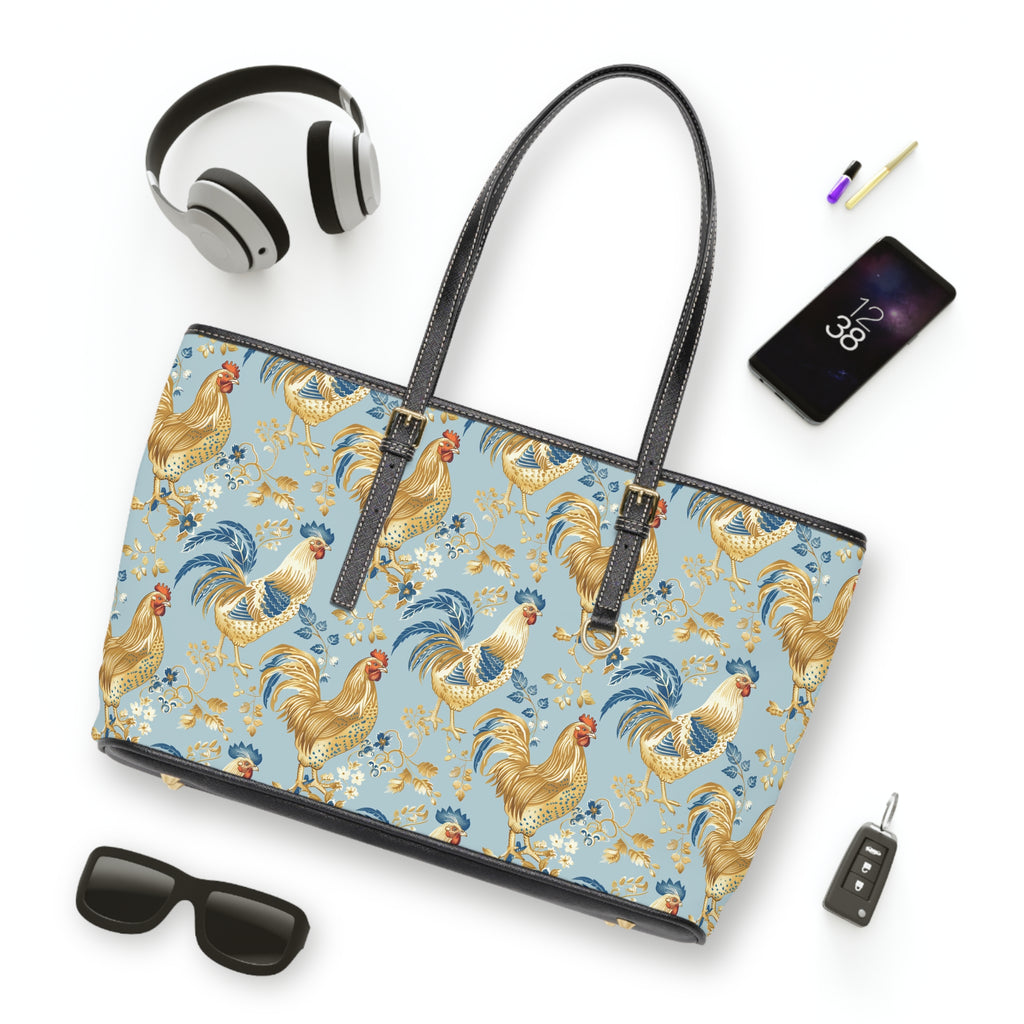 Light Blue Chicken Print Leather Shoulder Bag – Farmhouse Chicken Tote, Cute Hen Pattern Purse, Farm Life Handbag, Backyard Chicken Lover Bag