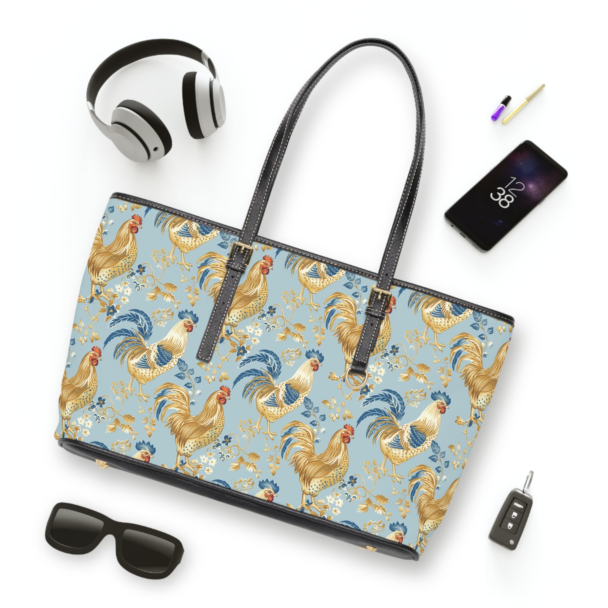 Light Blue Chicken Print Leather Shoulder Bag – Farmhouse Chicken Tote, Cute Hen Pattern Purse, Farm Life Handbag, Backyard Chicken Lover Bag