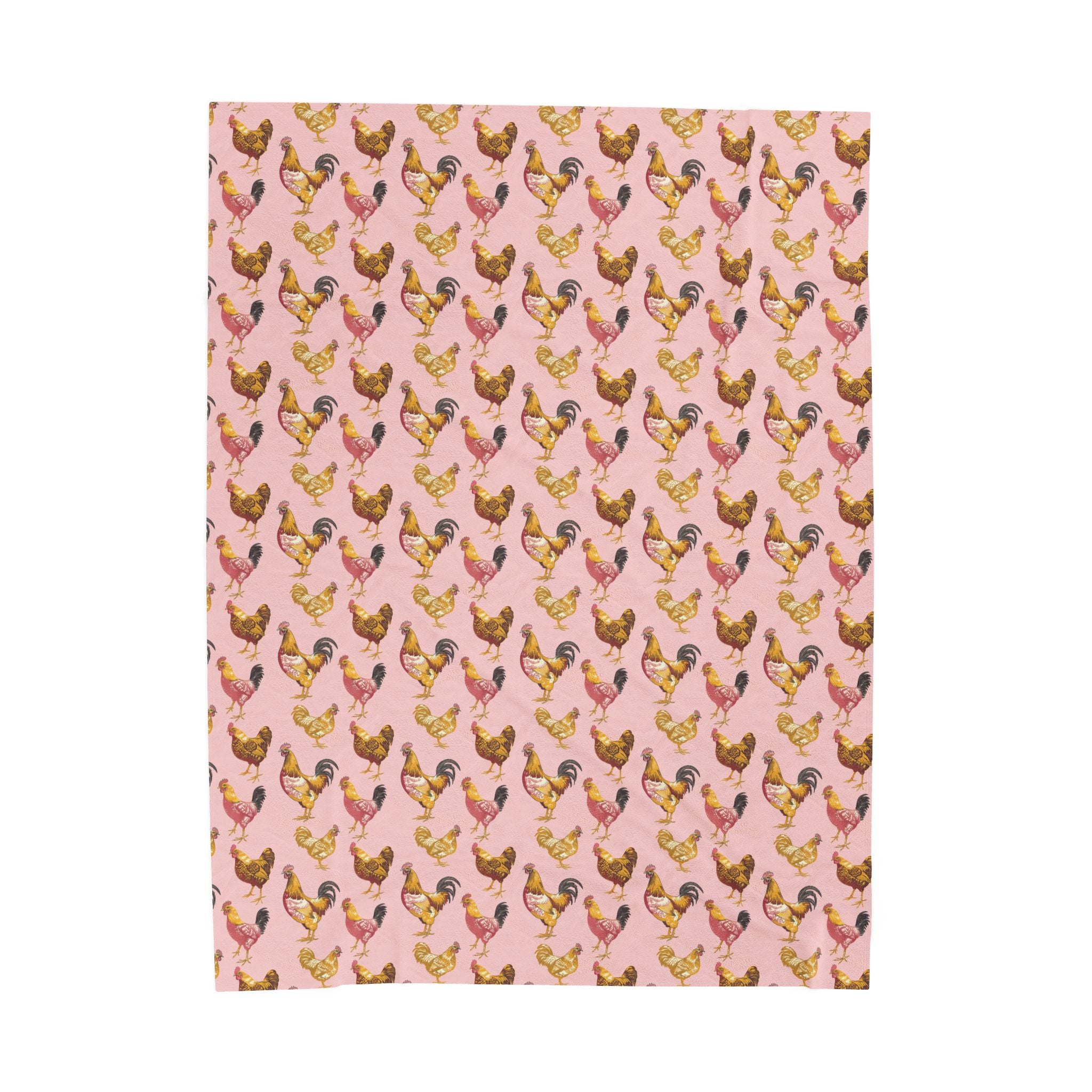 Pink Roosters Velveteen Plush Blanket Vintage Chicken Farmhouse Throw, Cozy Cottagecore Country Home Decor
