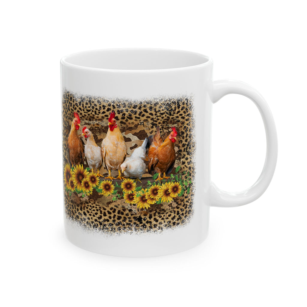 Chicken Flock Sunflower Ceramic Mug – Farmhouse Chicken Mom Coffee Cup, Country Homestead Mug (11oz, 15oz)