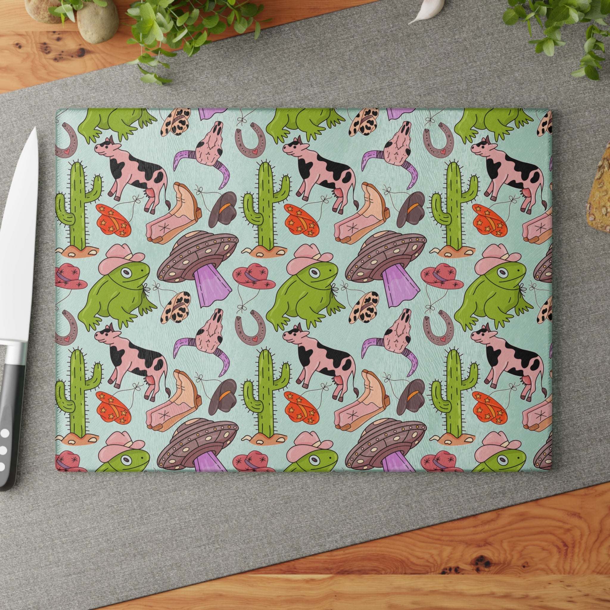 Cowgirl Western Glass Cutting Board | Pink Western Kitchen Decor | Cowboy Boots & Cactus Tempered Glass Cutting Board | Gumpert Homestead