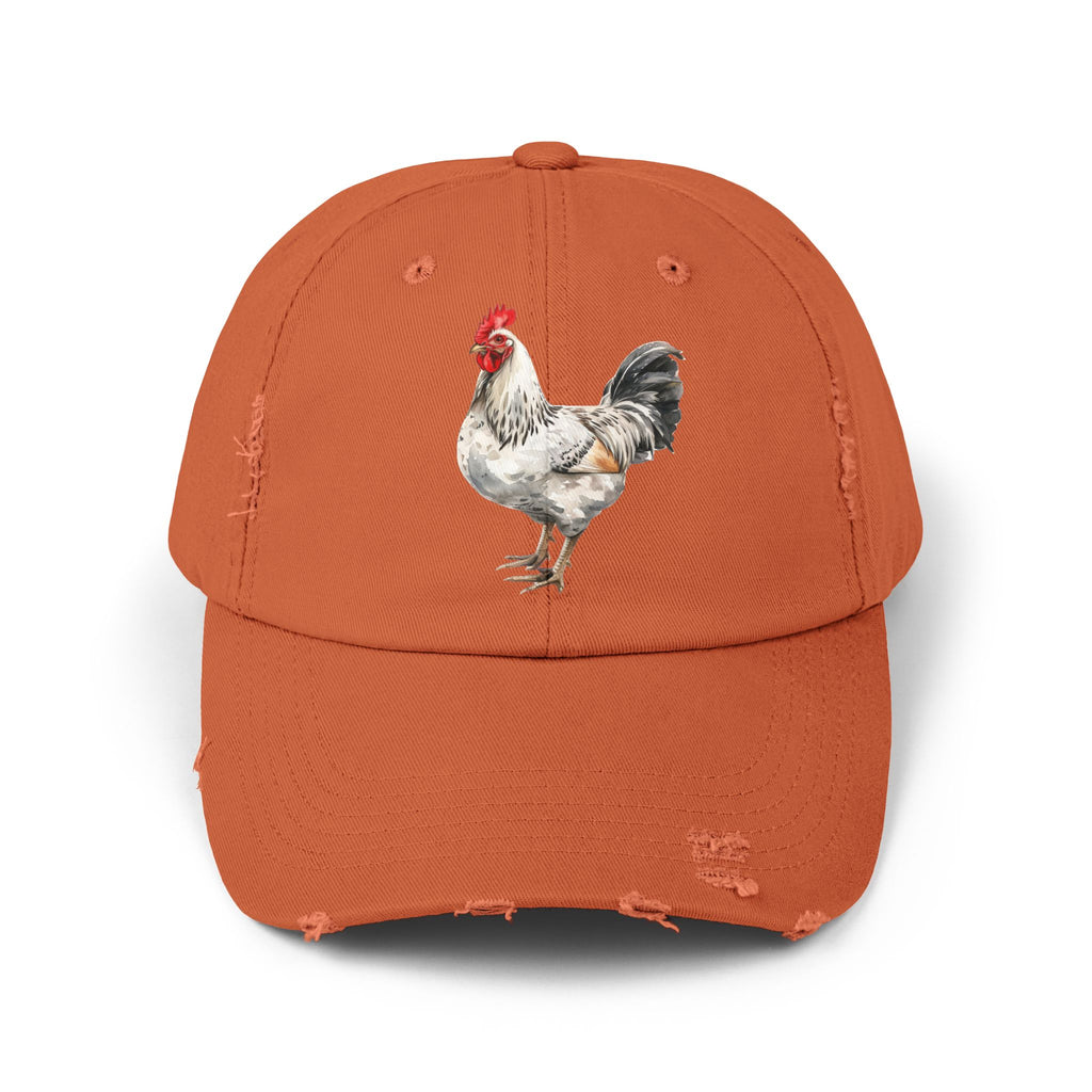 Speckled White Rooster Distressed Baseball Cap – Light Sussex Style Chicken Hat, Vintage Farm Rooster Cap, Backyard Chicken Keeper Gift