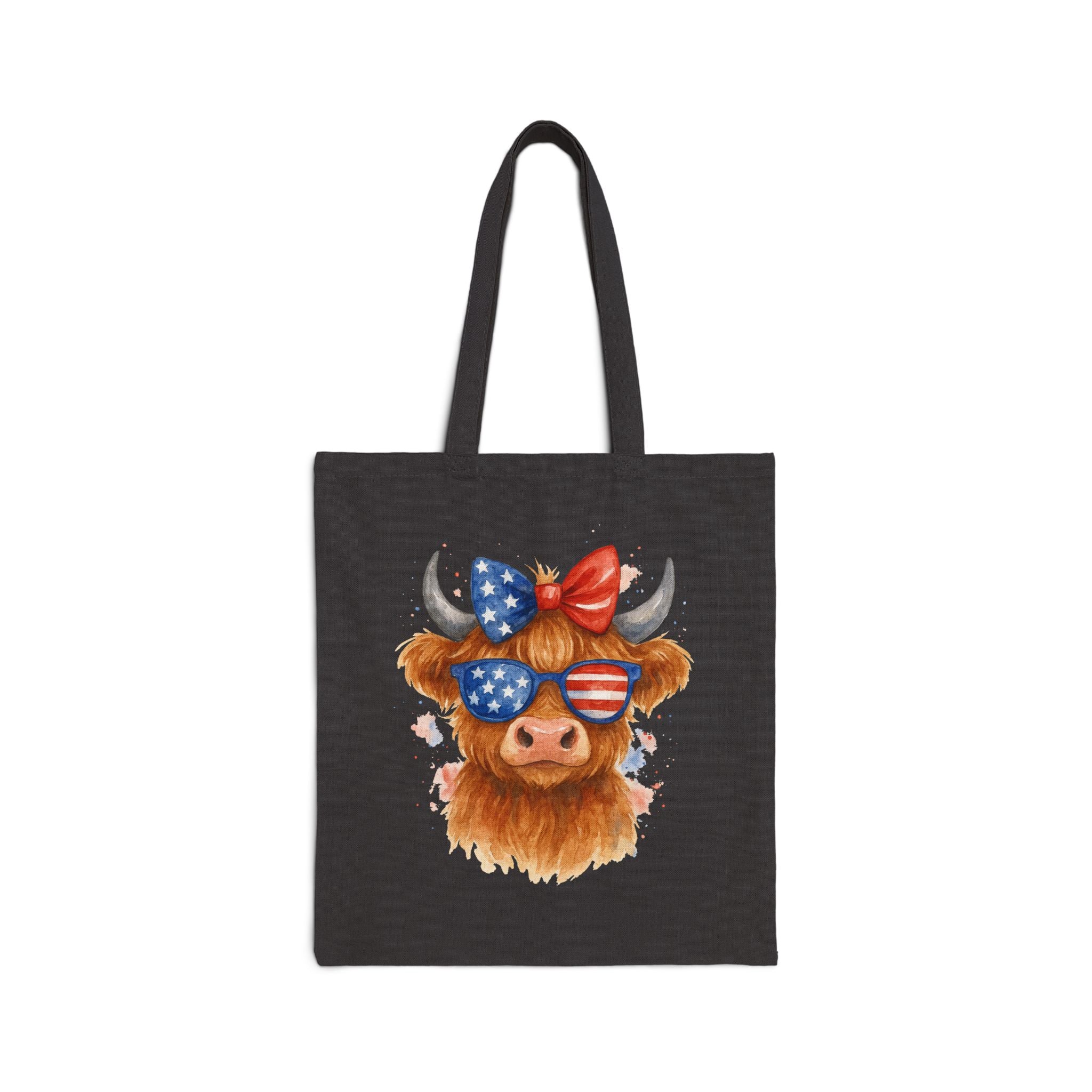 Patriotic Highland Cow Tote Bag – America Farm Cow Canvas Bag, Fourth of July Farm Tote, Country Western Market Bag, Reusable Homestead Shopping Tote, Cow Lover Gift