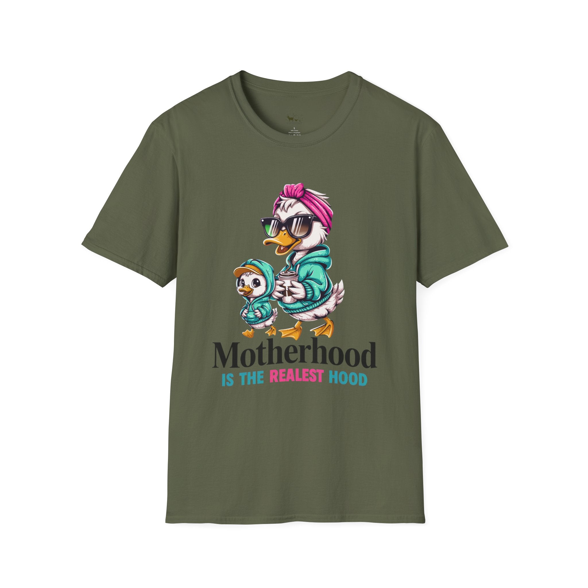 Motherhood Is the Realest Hood Cute Duck Mom Unisex T-Shirt | Funny Farm Mom Graphic Tee