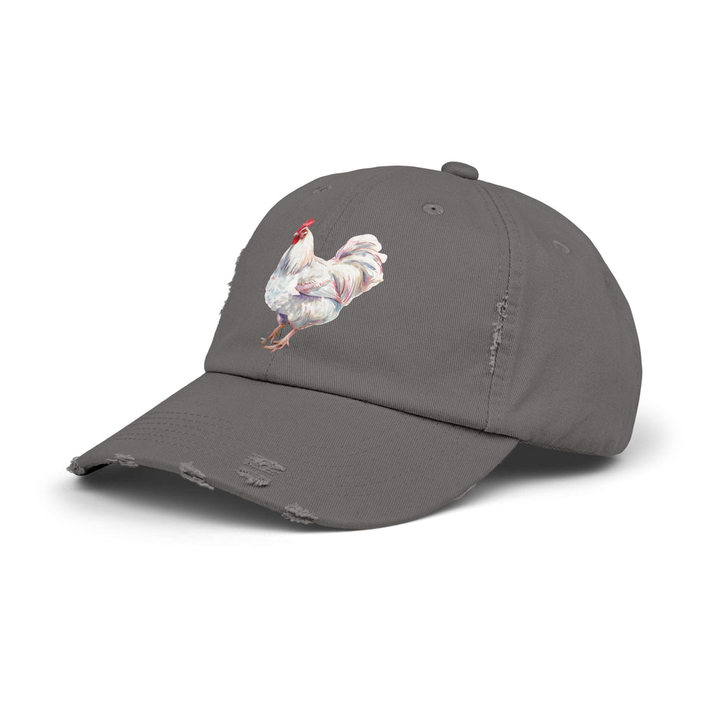 White Rooster Distressed Baseball Cap – Vintage Chicken Hat, Leghorn-Style Rooster, Farmhouse Poultry Cap, Backyard Chicken Keeper Gift