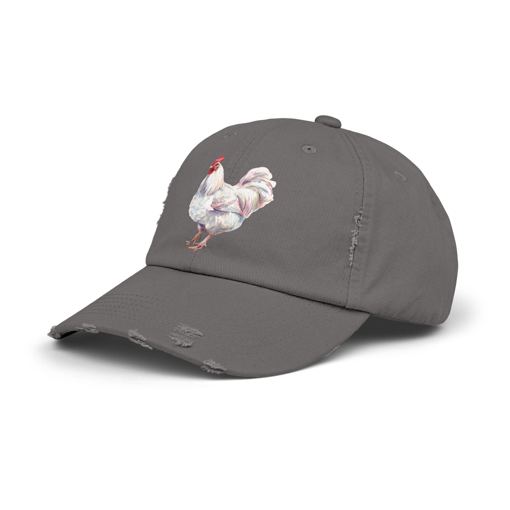White Rooster Distressed Baseball Cap – Vintage Chicken Hat, Leghorn-Style Rooster, Farmhouse Poultry Cap, Backyard Chicken Keeper Gift