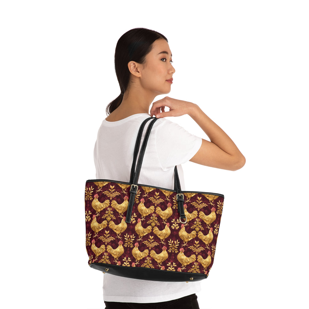 Burgundy & Gold Chicken Print Leather Shoulder Bag – Farmhouse Chicken Tote, Cute Hen Pattern Purse, Farm Life Handbag, Backyard Chicken Lover Bag
