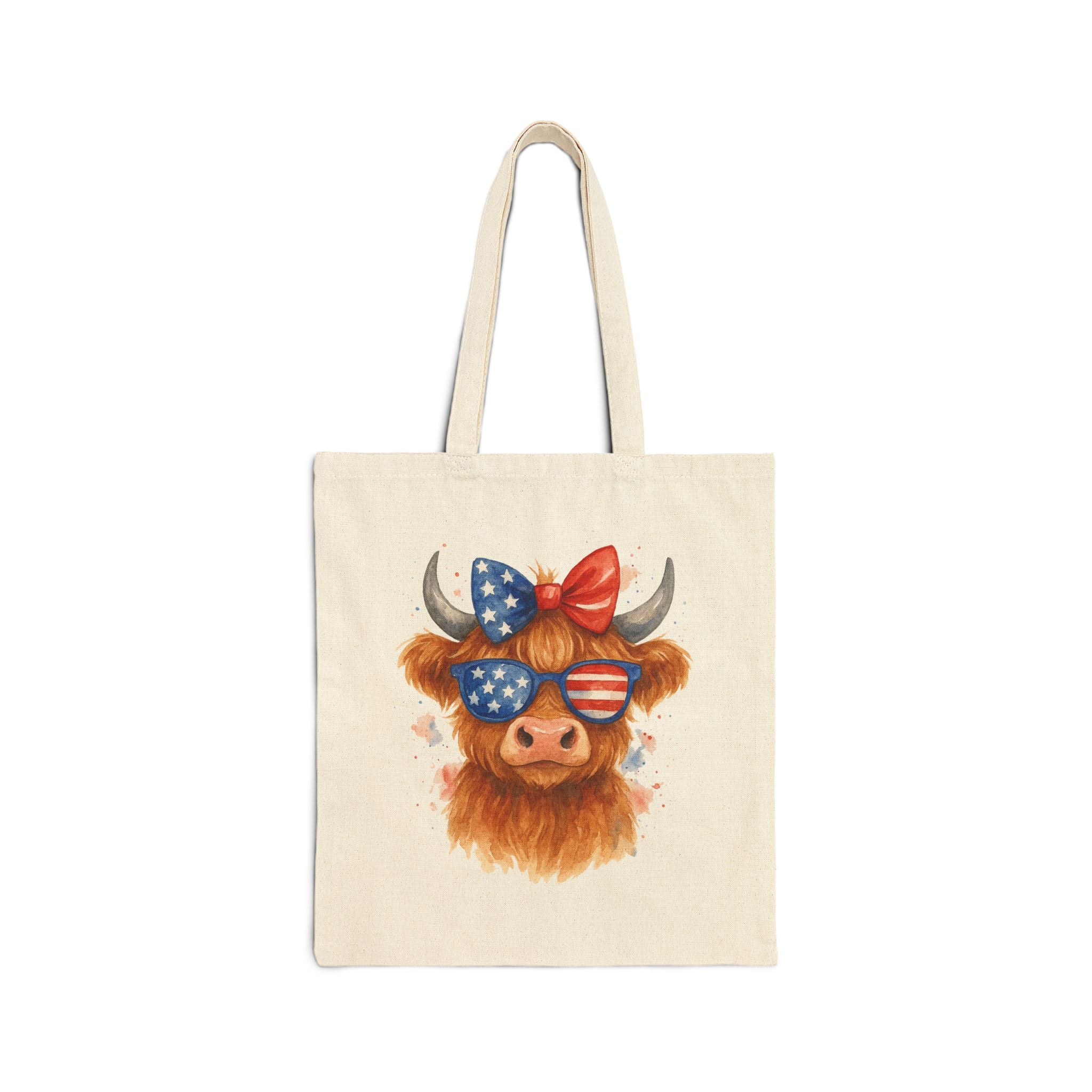 Patriotic Highland Cow Tote Bag – America Farm Cow Canvas Bag, Fourth of July Farm Tote, Country Western Market Bag, Reusable Homestead Shopping Tote, Cow Lover Gift