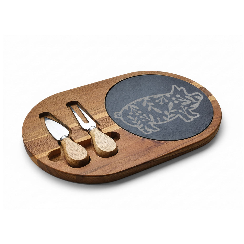 Floral Pig Engraved Charcuterie Board Set | Farmhouse Slate Cheese Board with Knives | Rustic Farm Kitchen Serving Board | Homestead Pig Lover Gift