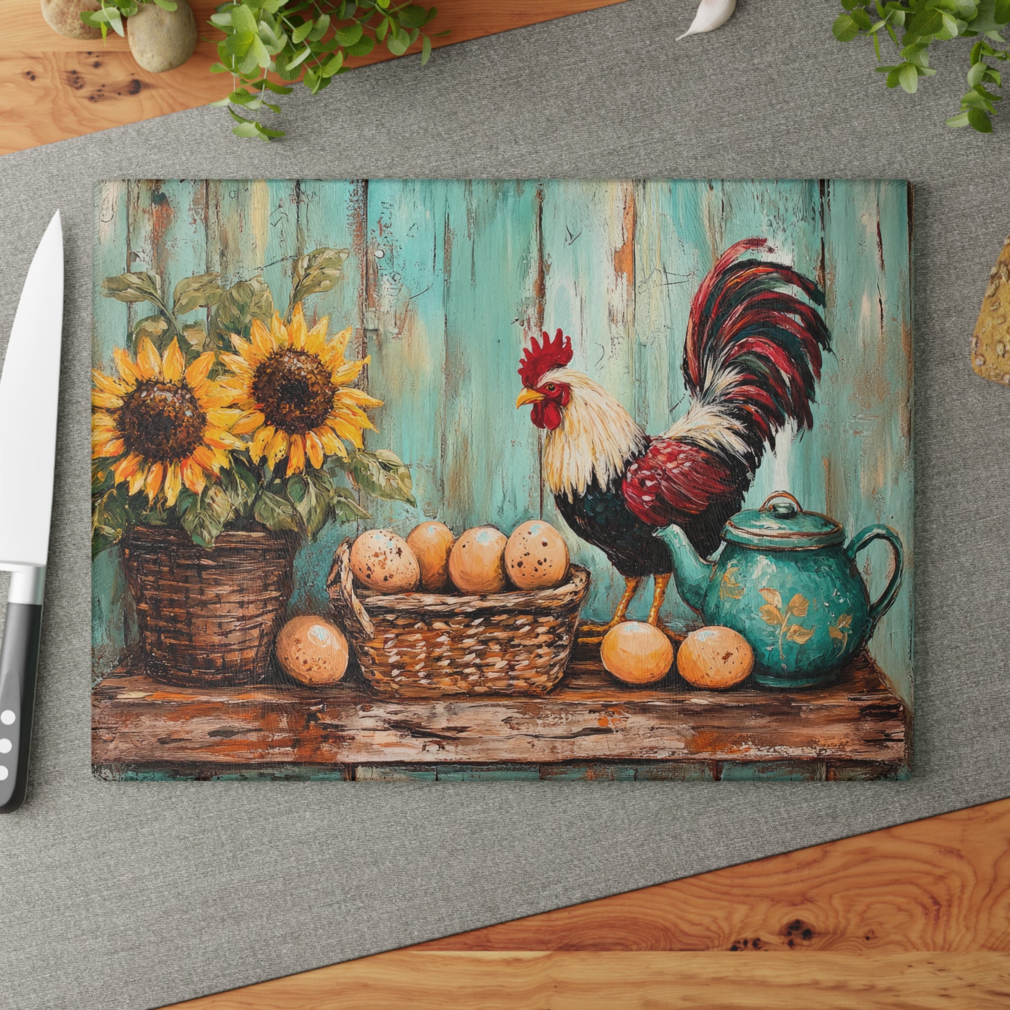 Vintage Rooster Glass Cutting Board | Rustic Farmhouse Chicken Kitchen Decor | Sunflower & Egg Tempered Glass Cutting Board | Gumpert Homestead