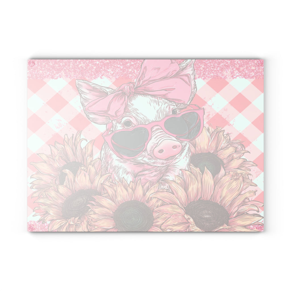 Pink Floral Pig Glass Cutting Board – Cute Farm Pig Kitchen Decor, Sunflower Pig Cutting Board, Farmhouse Country Kitchen Gift