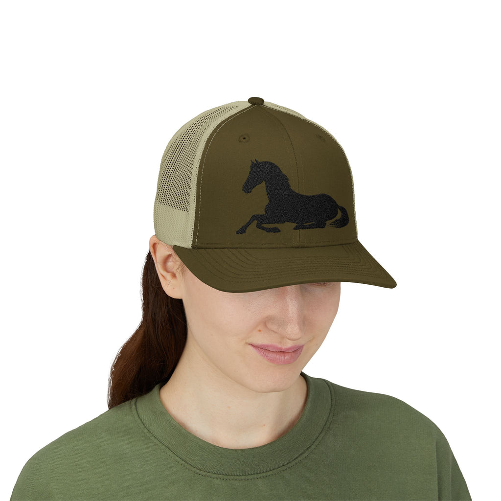 Resting Horse Trucker Hat | Laying Horse Silhouette Mesh Snapback Cap | Western Ranch Horse Lover Hat | Rustic Farm Life Cowboy Cowgirl Cap