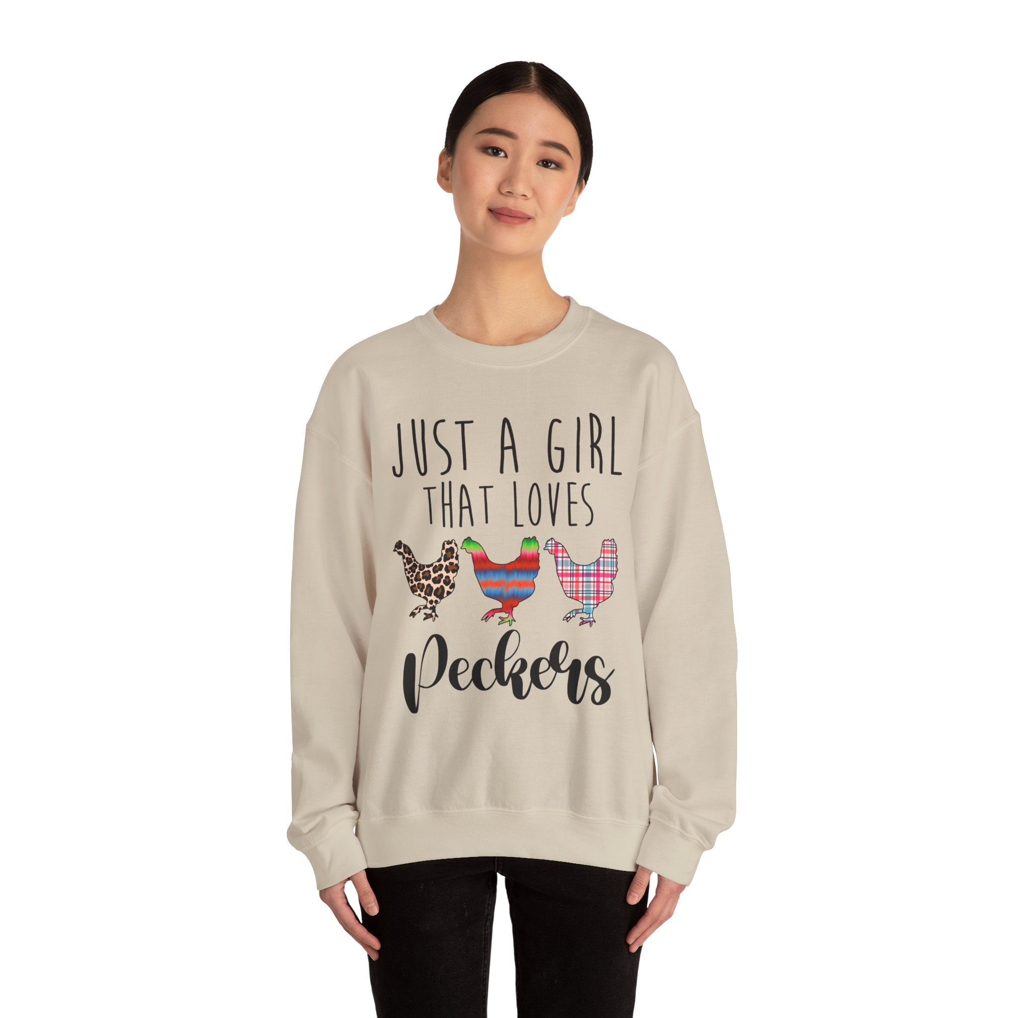 Just a Girl That Loves Peckers Sweatshirt – Funny Chicken Crewneck, Farmhouse Homestead Chicken Mom Pullover