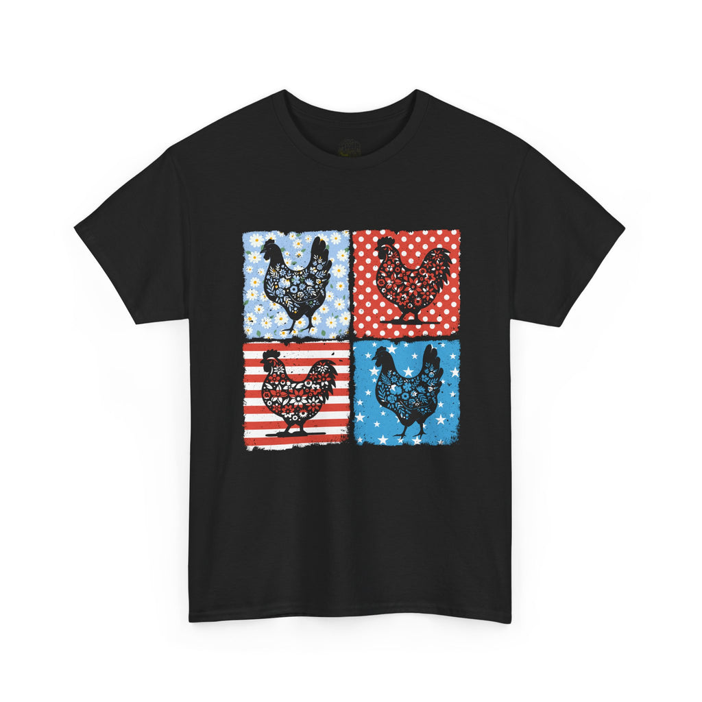 Patchwork Chicken Farm T-Shirt | Farmhouse Hen Graphic Tee | Patriotic Chicken Shirt | Country Homestead Apparel | Backyard Chicken Lover Gift