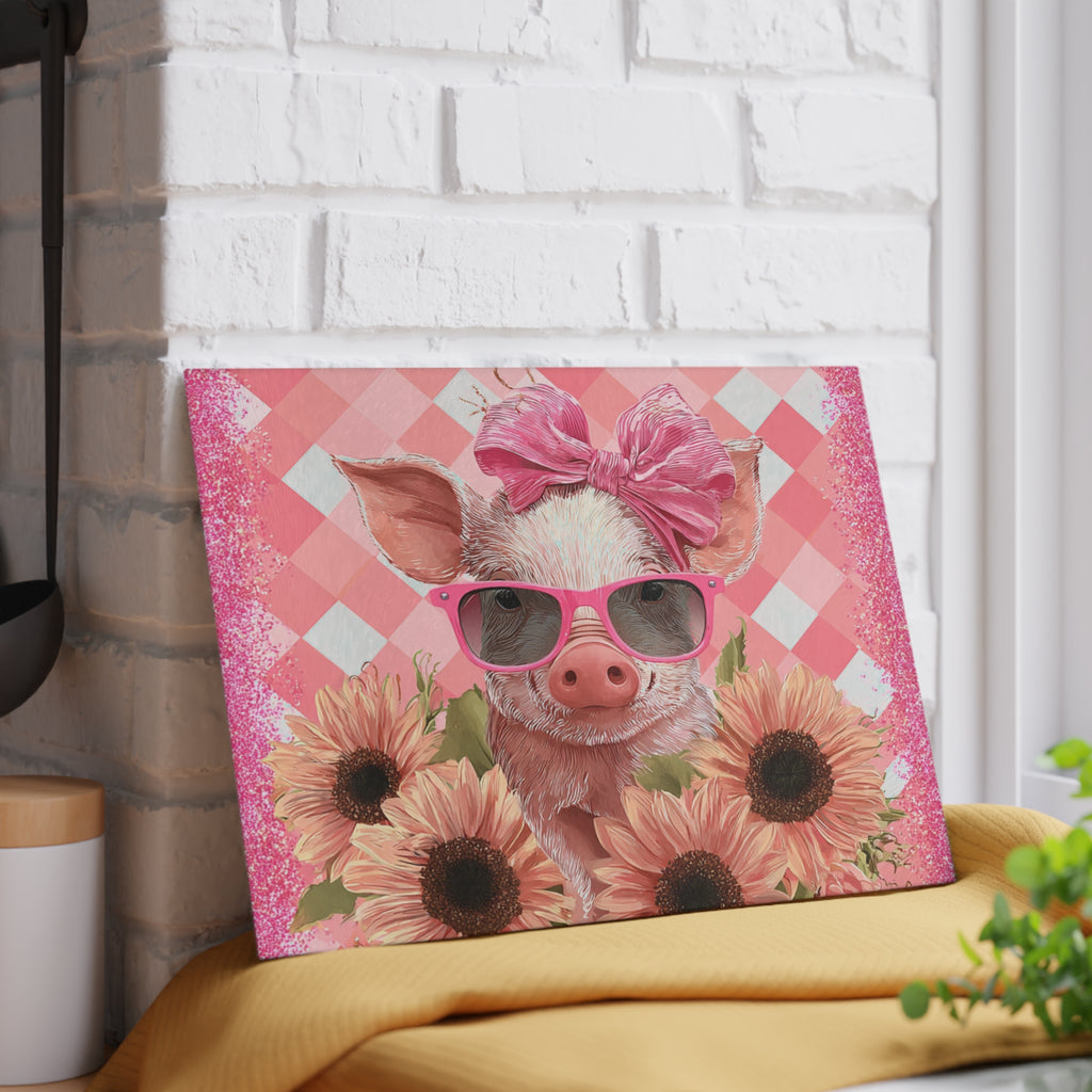 Floral Pig Glass Cutting Board – Cute Farm Pig Kitchen Decor, Sunflower Pig Cutting Board, Farmhouse Country Kitchen Gift
