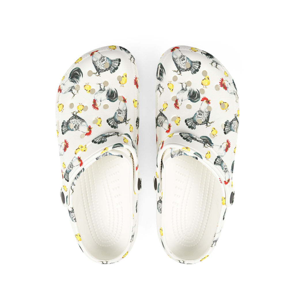 Chicken Flock Family Print EVA Clogs – Farm Life Chicken Shoes, Backyard Chicken Slip-On, Homestead Comfort Clogs