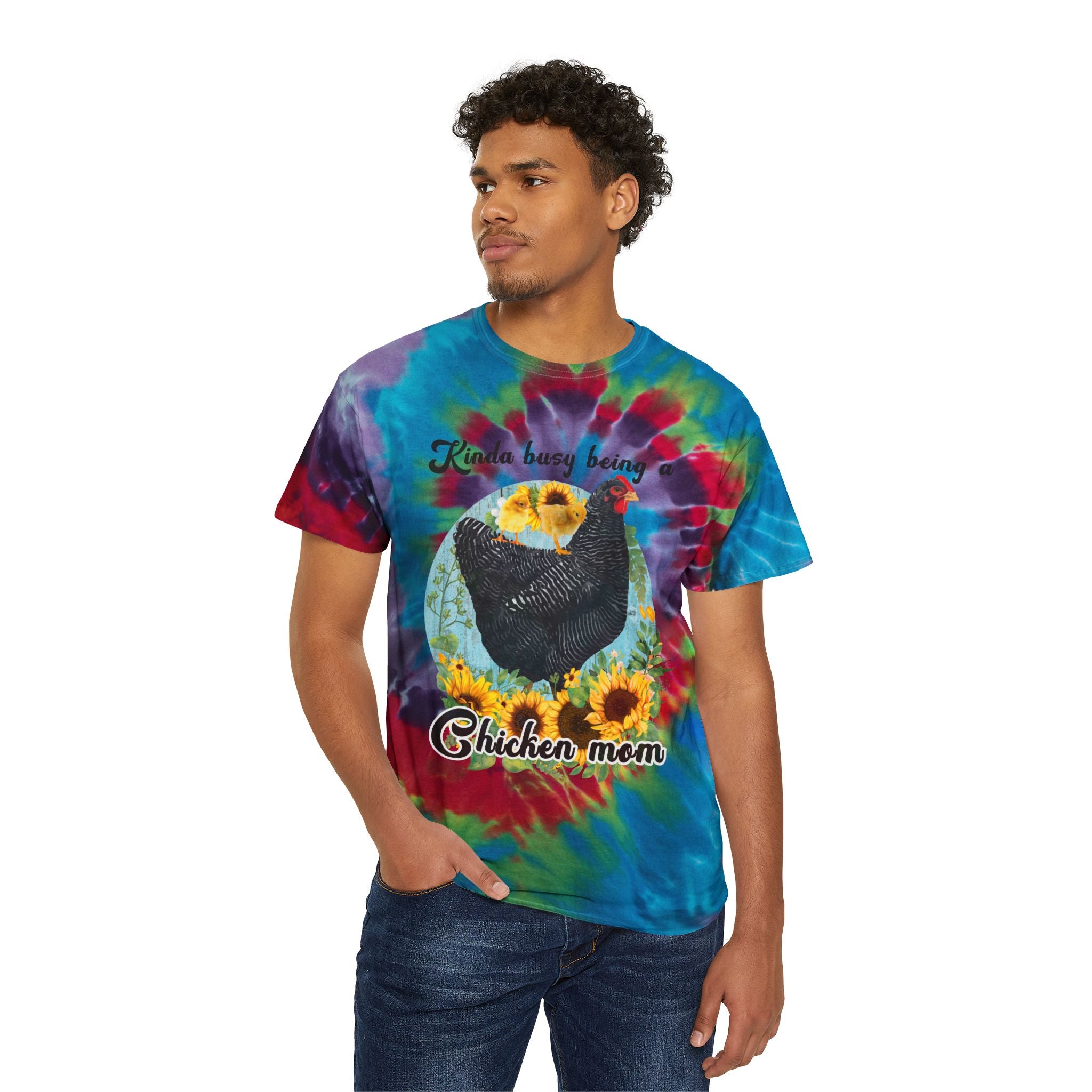 Kinda Busy Being a Chicken Mom Tie-Dye T-Shirt – Funny Chicken Mama Tee, Sunflower Farm Shirt, Backyard Chicken Lover Apparel
