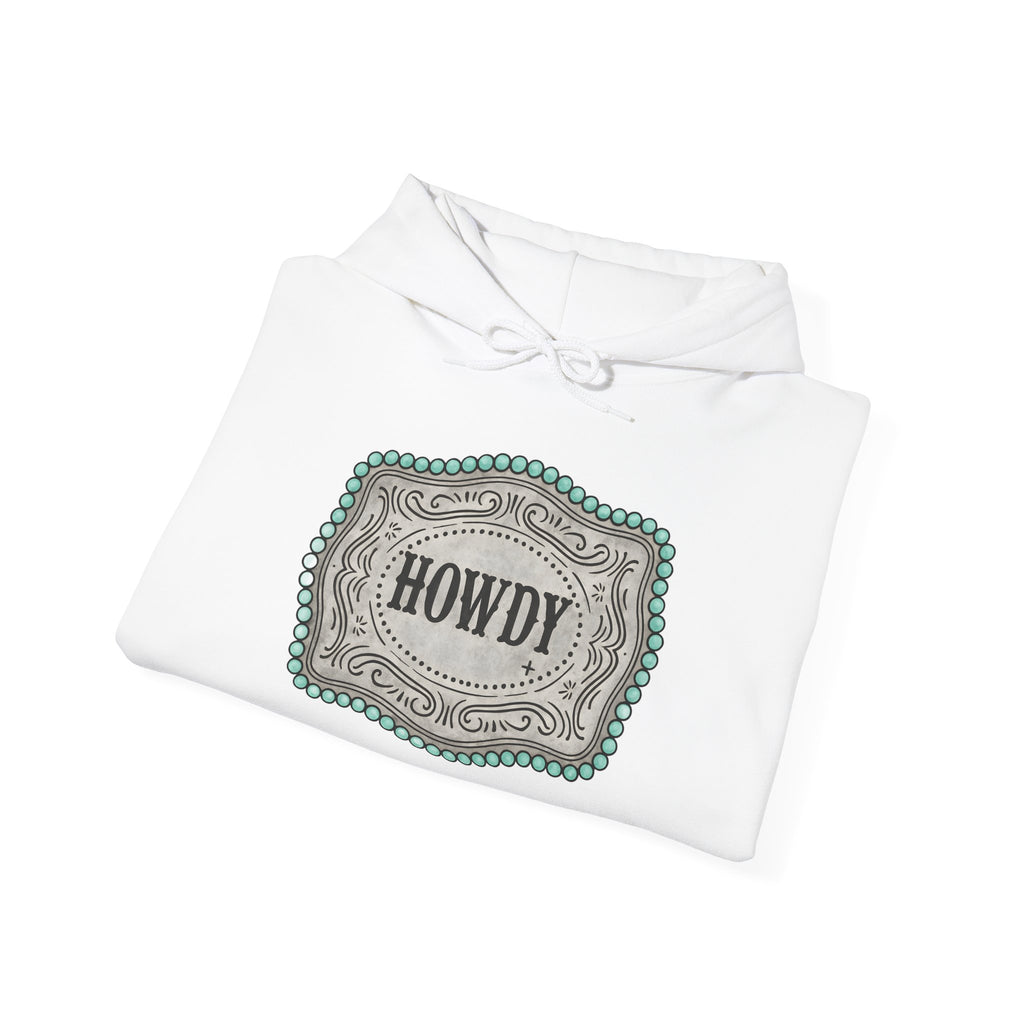Howdy Turquoise Beaded Rodeo Belt Buckle Hoodie – Unisex Farmhouse Western Sweatshirt | Country Homestead Apparel