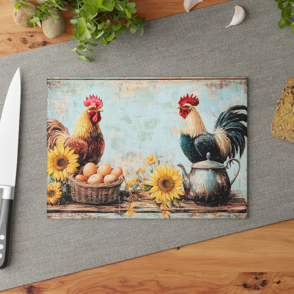 Rustic Rooster Glass Cutting Board | Farmhouse Chicken Kitchen Decor | Sunflower Rooster Tempered Glass Cutting Board | Gumpert Homestead