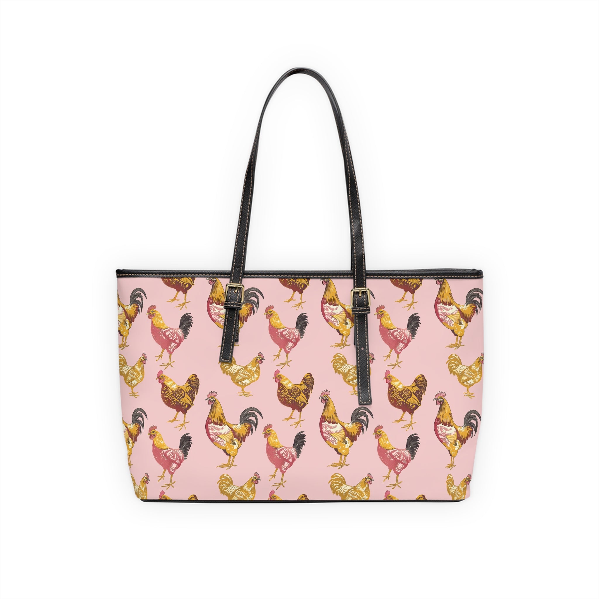 Pink & Gold Chicken Print PU Leather Shoulder Bag – Farmhouse Chicken Tote, Cute Hen Pattern Purse, Farm Life Handbag, Backyard Chicken Lover Bag