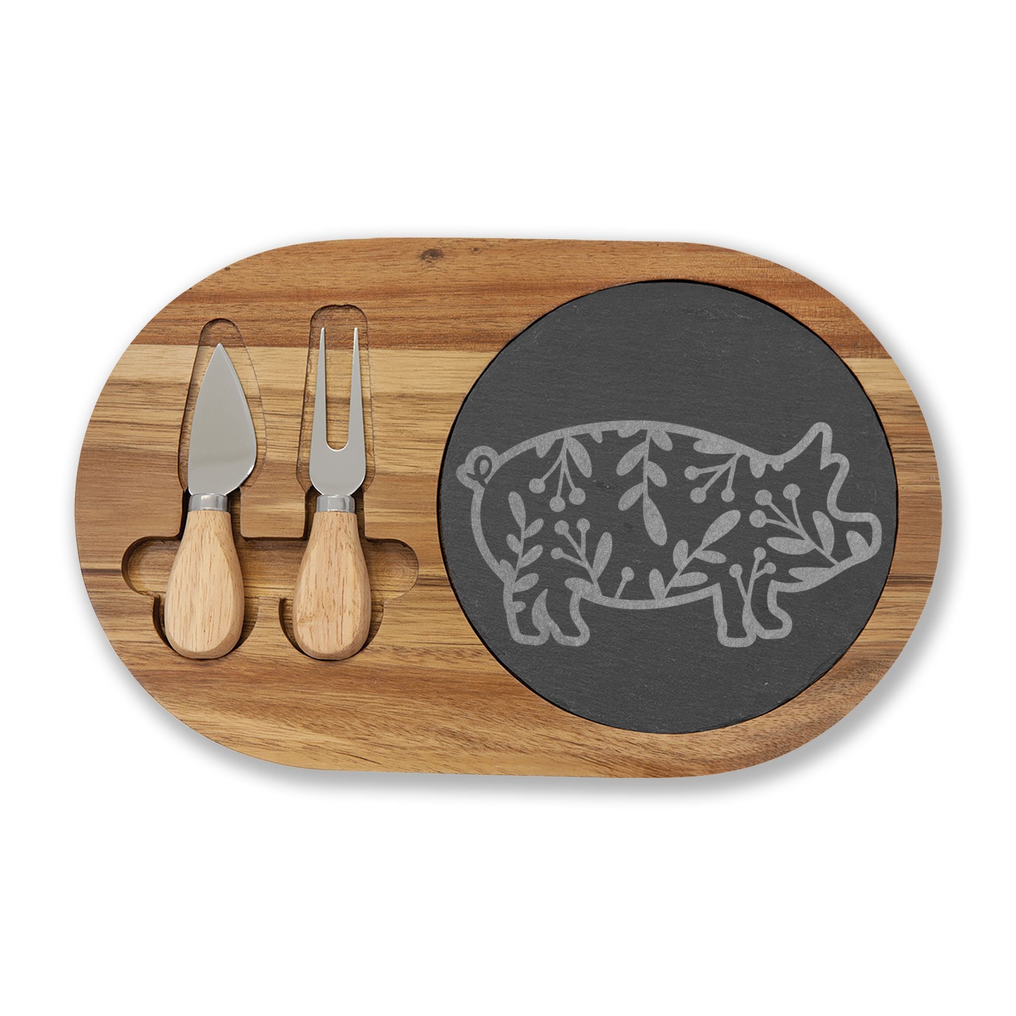 Floral Pig Engraved Charcuterie Board Set | Farmhouse Slate Cheese Board with Knives | Rustic Farm Kitchen Serving Board | Homestead Pig Lover Gift